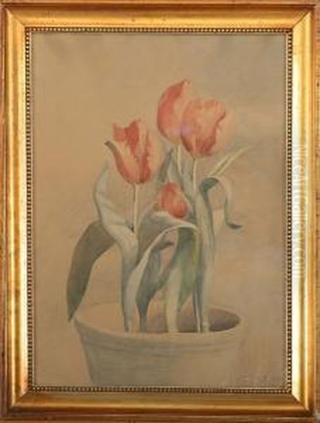 Red Tulips In A Flower Pot Oil Painting by Elise Konstantin-Hansen