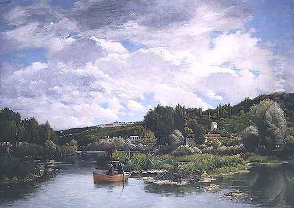 Lake scene with fishermen and cottages behind Oil Painting by Alexina Cherpin