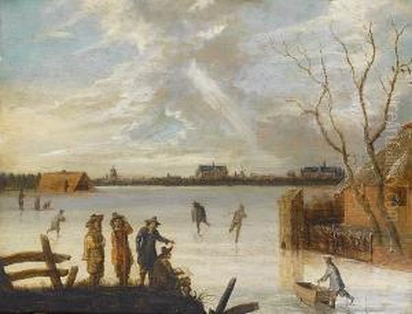 A Winter Landscape With A Man 
Sketching And With Figures Skating In The Foreground, A View To A Town 
Beyond Oil Painting by Willem Gillisz. Kool