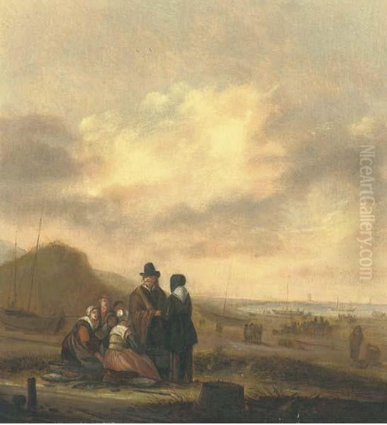 Fisherfolk On The Beach With Sailing Vessels Beyond Oil Painting by Willem Gillisz. Kool