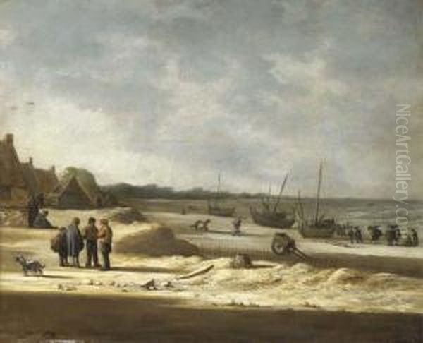 Figures And Boats On A Beach Oil Painting by Willem Gillisz. Kool