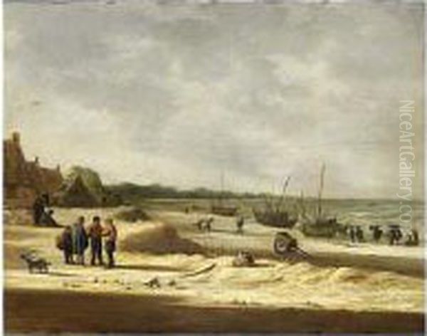 A Beach Scene With Fisherfolk In A Dune Village And Fishing Boats Moored Oil Painting by Willem Gillisz. Kool