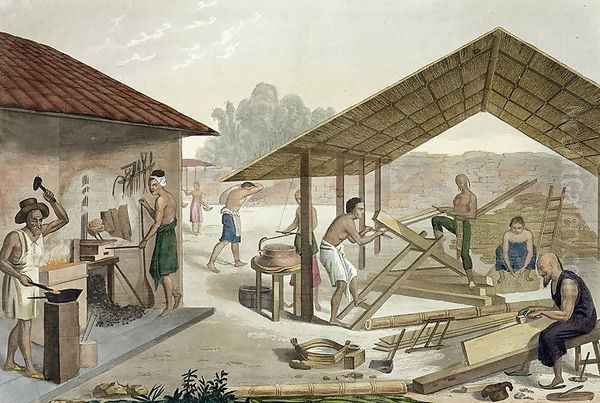 Carpentry Workshop in Kupang, Timor, plate 6 from 'Le Costume Ancien et Modern', 1820-30s Oil Painting by Francesco Citterio