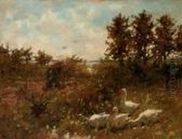 Geese In A Garden Oil Painting by Cornelis Koppenol