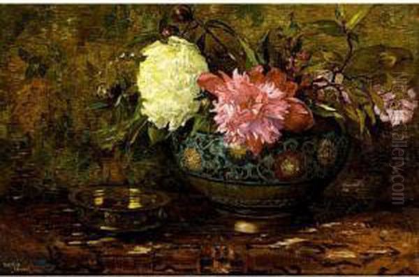 Peonies In A Cloissone Vase Oil Painting by Cornelis Koppenol