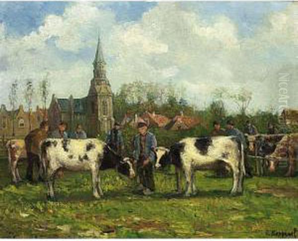 A Cattle Market Oil Painting by Cornelis Koppenol