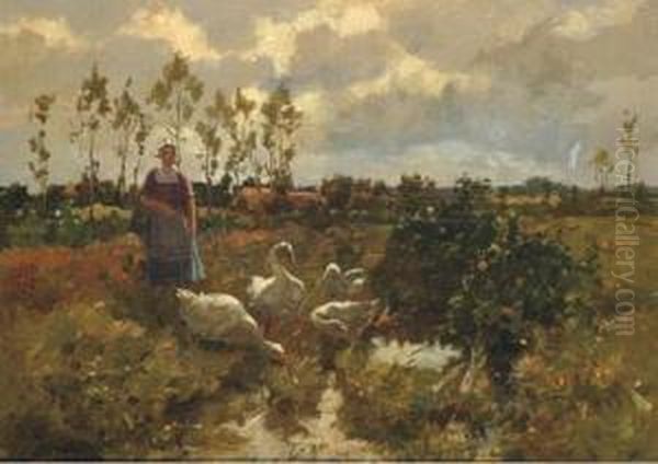 Minding The Geese Oil Painting by Cornelis Koppenol