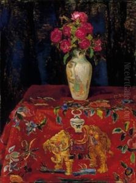 Bunch Of Roses On An Elephant-patterned Tablecloth Oil Painting by Ervin Kormendi-Frim