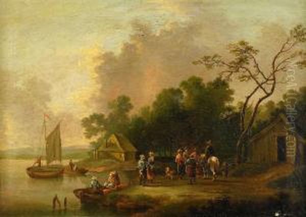 Kustlandskap Med Figurer Oil Painting by Johan Philip Korn