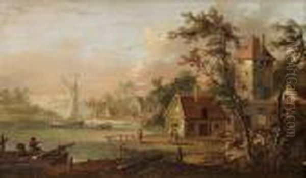 Insjolandskap Med Byggnader, Figurer Och Segelbat Oil Painting by Johan Philip Korn