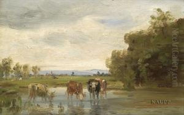 In Weiter Landschaft In Einem Flachen Gewasser Stehende Und Trinkende Kuhherde. Oil Painting by Julius Kornbeck