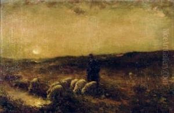 Moonlight Walk With Shepherd And Flock Oil Painting by Michel Korochansky