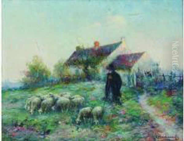  Berger Et Son Troupeau Devant La Ferme  Oil Painting by Michel Korochansky