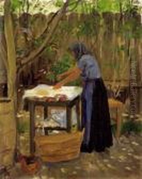 Woman Ironing Oil Painting by Aladar Korosfoi Kriesch