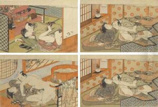 Set Of Twelve Erotic Prints Oil Painting by Isoda Koryusai