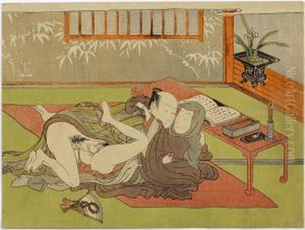 At Temple, Shunga Oil Painting by Isoda Koryusai