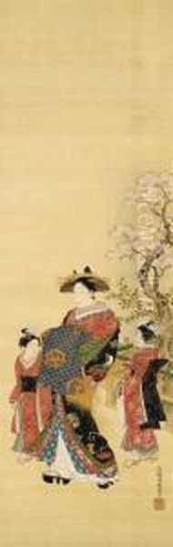 Courtesan Promenading With Attendants Beneath Cherry Blossoms Oil Painting by Isoda Koryusai