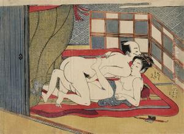 A Couple On A Oil Painting by Isoda Koryusai