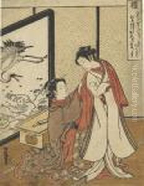 Rei
 [etiquette], A Maid Placing A Mantle On The Shoulders Of A Beauty In An Interior, Signed Oil Painting by Isoda Koryusai