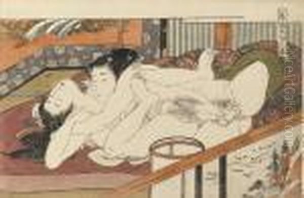 An Oban Print Showing A Young 
Man Penetrating His Ecstatic Partner On A Futon, From The Series Shikido
 Torikumi Juniban (twelve Holds Of Love), Fine Impression, Colour And 
Condition Oil Painting by Isoda Koryusai