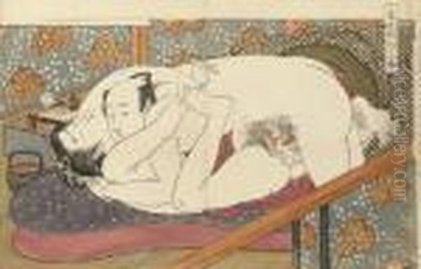 A Young Man Making Love To His Ecstatic Partner On A Futon Oil Painting by Isoda Koryusai