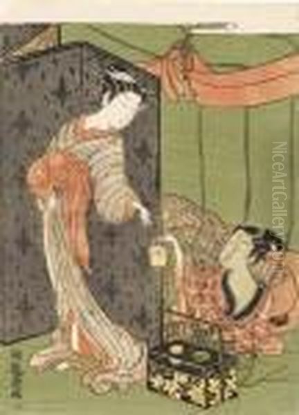 A Young Man Lying Under A 
Mosquito Net Hands A Charcoal-holder To A Girl Standing Behind A Folding
 Screen, Signed Oil Painting by Isoda Koryusai