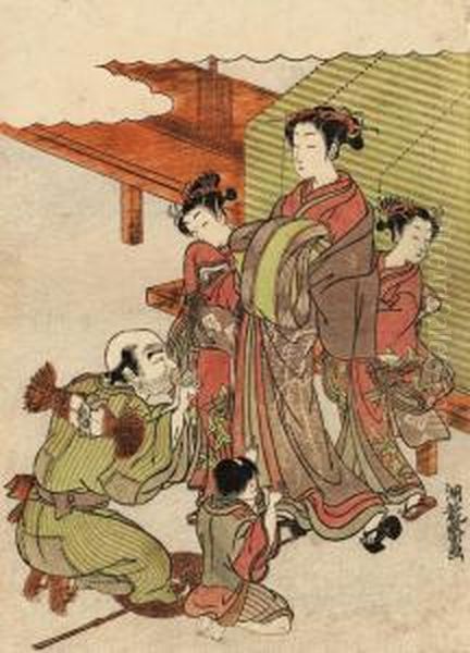 A Design Of A Courtesan 
Acccompanied By Her Two Kamuro, An Elderly Beggar And A Young Boy Kneel 
In Front Of Her, Signed Koryusai Ga, Very Good Impression, Colours And 
Condition; And Another Design Of Two Young Girls Walking With A Dog, 
Signed Kory Oil Painting by Isoda Koryusai