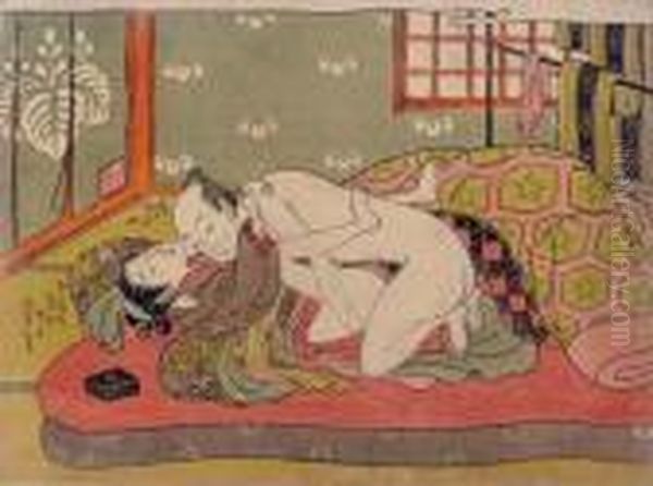 Six Erotic Prints: A Couple Making Love On A Red Futon Oil Painting by Isoda Koryusai