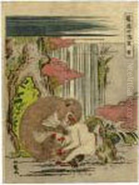 Monkey And Young From The Series ````````furyu Junishi Saru' Oil Painting by Isoda Koryusai