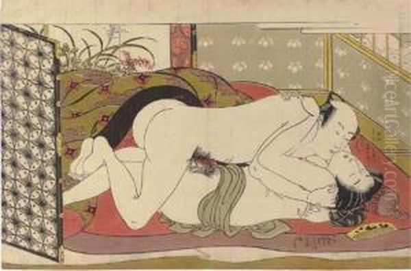 An Amorous Couple Oil Painting by Isoda Koryusai