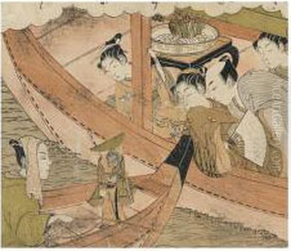 Shunga : Couple A Bord D'un Bateau De Plaisance Oil Painting by Isoda Koryusai