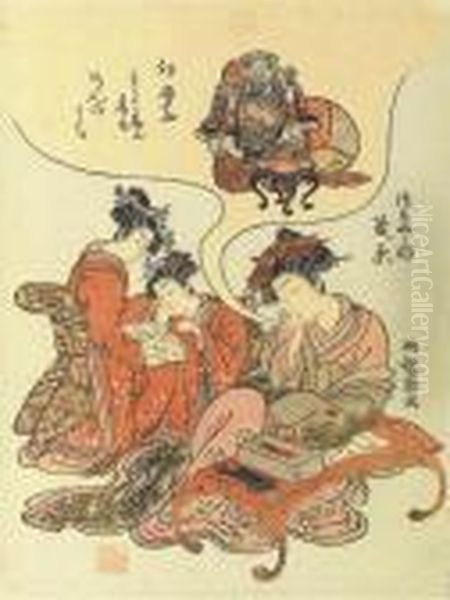 Beauty Dreaming Of Wealth And Two Kamuro Reading Oil Painting by Isoda Koryusai