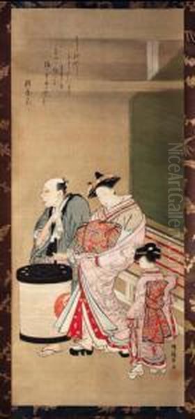 Signed Koryusai Ga And Sealed Masakatsu No In Oil Painting by Isoda Koryusai