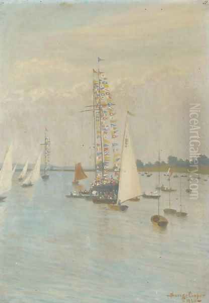 The committee boat dressed overall at the Regatta Oil Painting by W. Savage Cooper