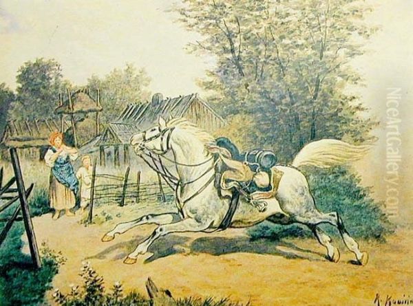 Kon Ulanski, Okulbaczony, Wracajacy Bez Pana Oil Painting by Kajetan Kosinski