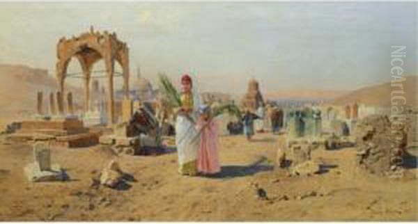 Figures Bearing Palm Leaves On The Outskirts Of Cairo Oil Painting by Franz Xavier Kosler