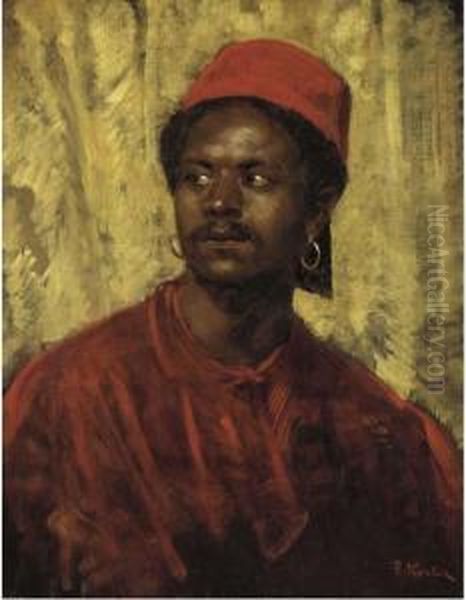 Portrait Of An Egyptian Man, Head And Shoulders, In A Dark Red Coat Oil Painting by Franz Xavier Kosler