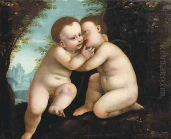 A wooded landscape with Jesus and Saint John as infants Oil Painting by Joos Van Cleve