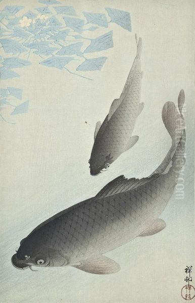 Two Carp Oil Painting by Ohara Koson