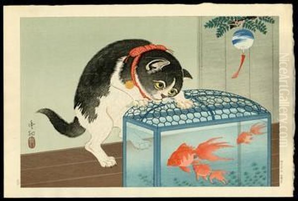 Cat And Goldfish Tank Oil Painting by Ohara Koson