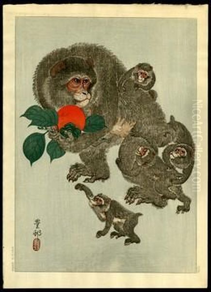 Monkeys And Persimmon Oil Painting by Ohara Koson