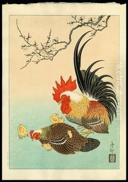 Rooster And Hen Oil Painting by Ohara Koson