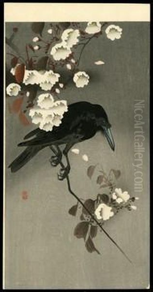 Crow On A Cherry Branch Oil Painting by Ohara Koson