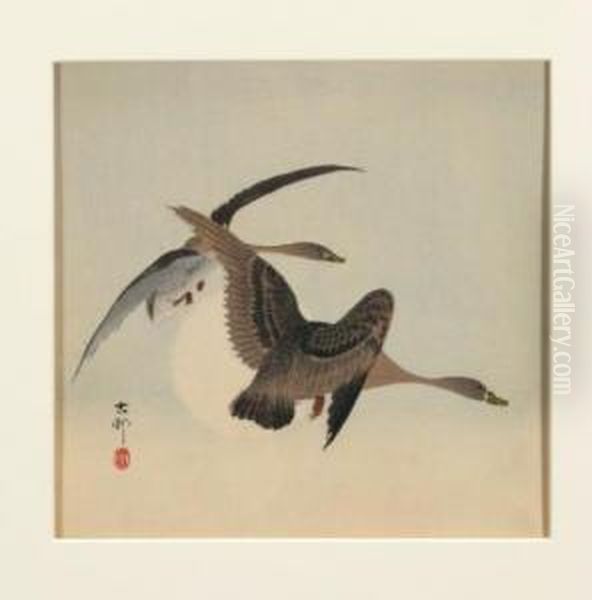 Geese In Moonlight Oil Painting by Ohara Koson