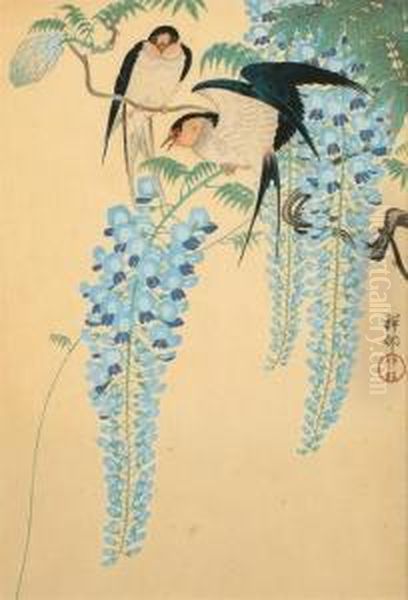 Two Barn Swallows On A Flowering Wisteria Oil Painting by Ohara Koson