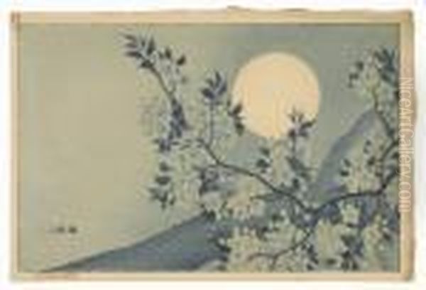 Blue Moon And Plum Tree Oil Painting by Ohara Koson