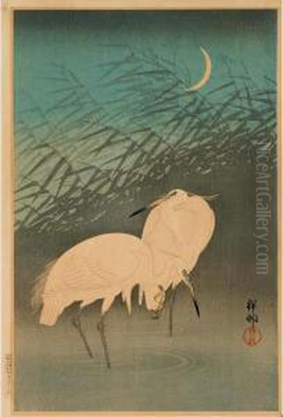 Two Standing Herons In The Moonlight Oil Painting by Ohara Koson