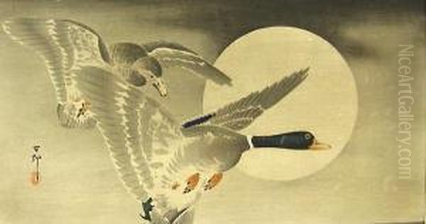 Geese In Flight Before A Full Moon Oil Painting by Ohara Koson