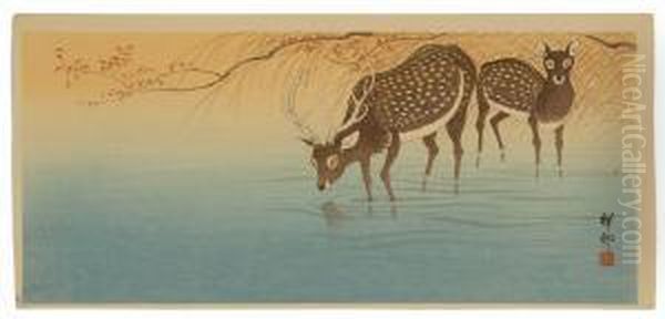 Spotted Deer In Water. Oil Painting by Ohara Koson