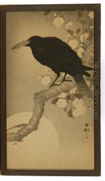 Depicting A Crow On A Flowering Tree Branch With Full Moon Oil Painting by Ohara Koson